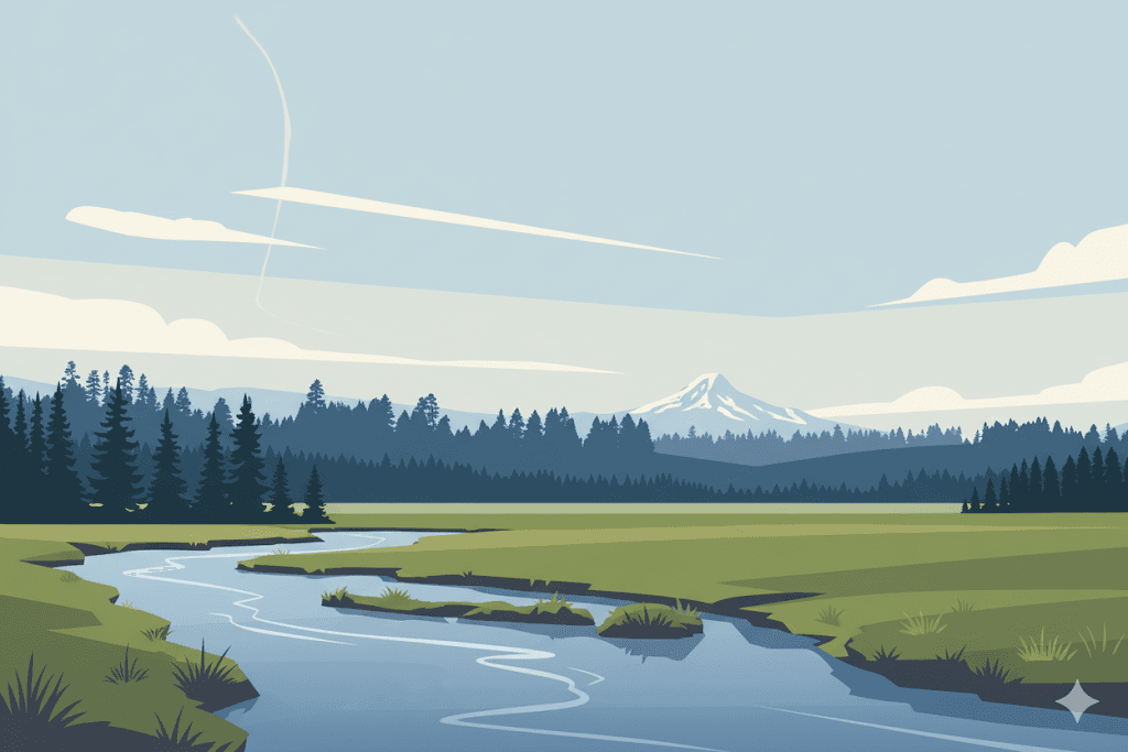 Metolius River landscape with mountain and forest